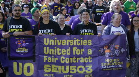 SEIU 503 workers rally at the University of Oregon to celebrate a tentative new contract on Sept. 28, 2026.