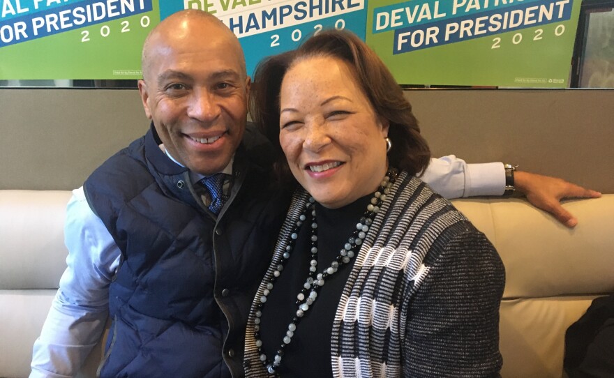 Deval and Diane Patrick sitting on the Patrick campaign bus in Greenland, New Hampshire.