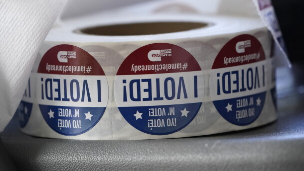 FILE - A roll of "I Voted!" stickers are shown, Oct. 6, 2020, at the Miami-Dade County Elections Department in Doral, Fla. (AP Photo/Wilfredo Lee, File)