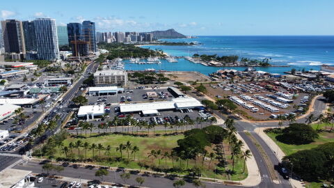 An aerial image of the Office of Hawaiian Affairs' Kakaʻako Makai property, also known as Hakuone.