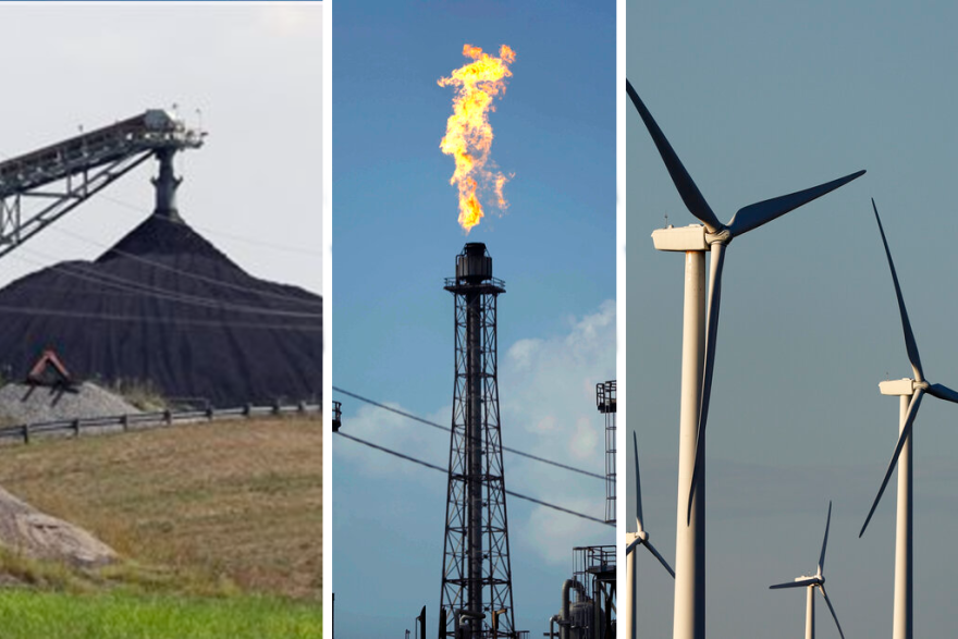 A photo collage of a coal field, an oil rig, and windmills. 