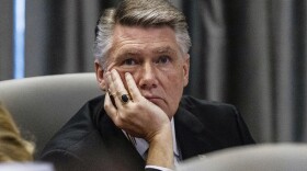 Mark Harris listens during a public evidentiary hearing on the 9th Congressional District investigation at the North Carolina State Bar in Raleigh, N.C., Monday, Feb. 18, 2019. (Juli Leonard/via AP, Pool)