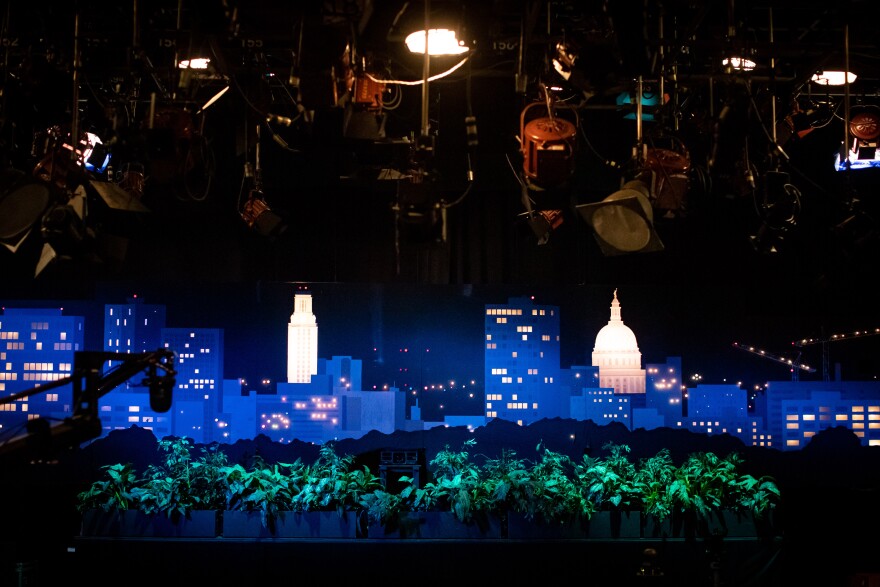 The downtown Austin city skyline seen as the stage backdrops of Studio 6A, the original home to Austin City Limits music venue, at Austin's PBS station KLRU on the University of Texas campus on July 12, 2021. 