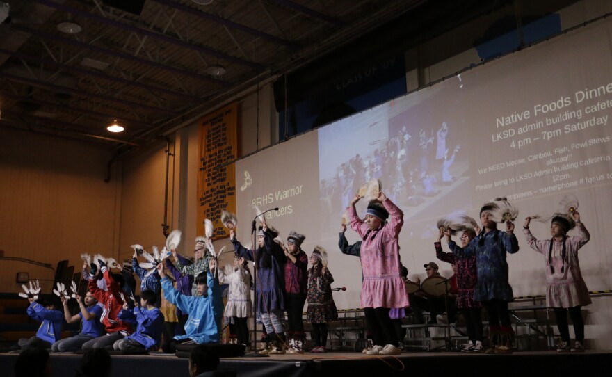 Dancers from the BRHS Warriors group take to the Cama'i stage on March 27, 2026 in Bethel, Alaska.