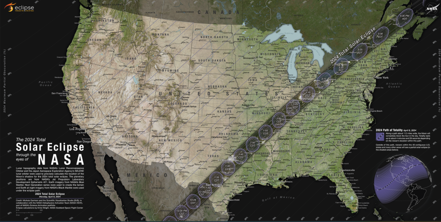 From NASA: "The total solar eclipse will be visible along a narrow track stretching from Texas to Maine on April 8, 2024. A partial eclipse will be visible throughout all 48 contiguous U.S. states."