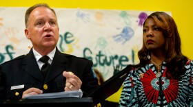 Chief Robert Tracy, of the St. Louis Metropolitan Police Department, addresses the media alongside Mayor Tishaura Jones on Sunday, June 18, 2023, during a press conference at the Wohl Center in north St. Louis after 10 juveniles were shot, and one killed, during a downtown party in an office building.