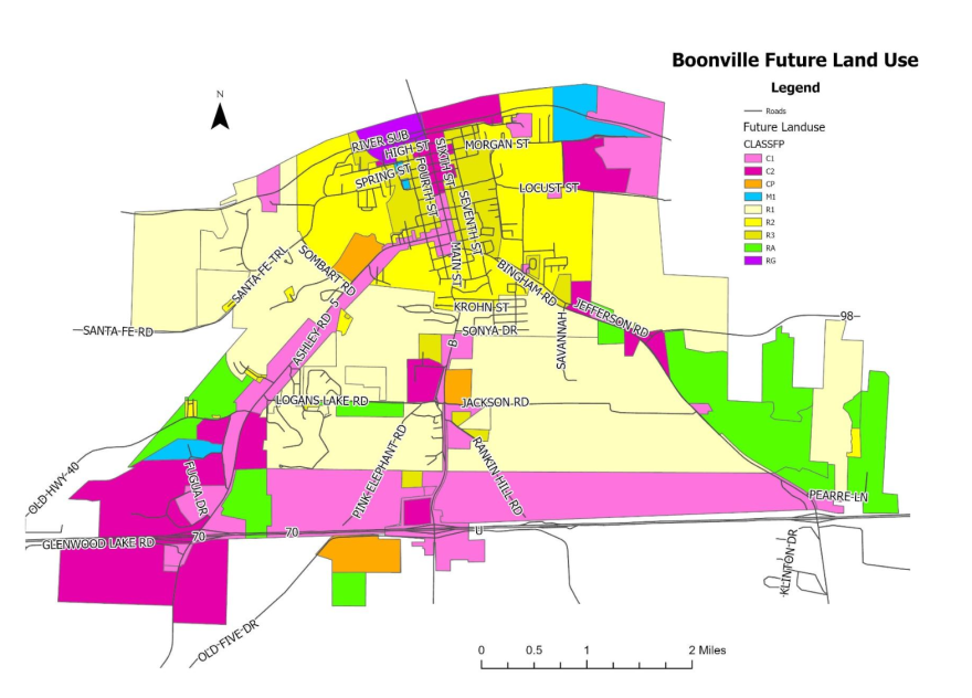 Boonville's long-term zoning and annexation goals, mapped with no intent to force annexation but to show logical development moving forward. The map adds commercial districts along I-70, and residential districts fill the gap where land is currently not incorporated in Boonville.