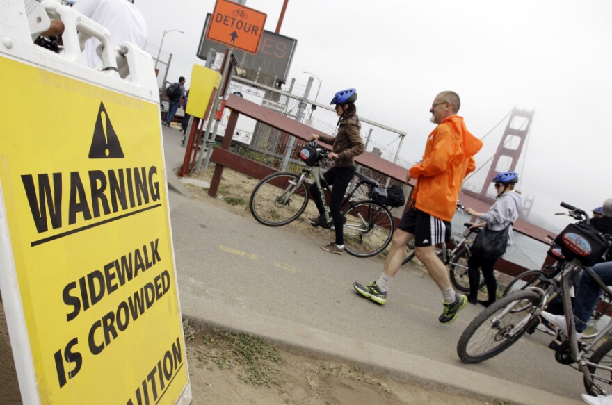 Pedestrian Dionette Cherney died after a bicycle accident in San Francisco in July. The city has seen more frustration between cyclists and pedestrians this month, as they are forced to share one sidewalk during work on the city's iconic Golden Gate Bridge.