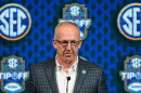 FILE - Greg Sankey, commissioner of the Southeastern Conference, speaks during NCAA college basketball women's SEC Media Day, Oct. 16, 2024, in Birmingham, Ala. (AP Photo/Mike Stewart, File)