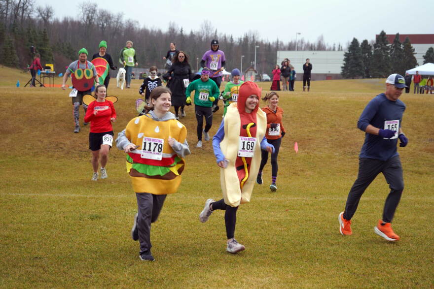 Costumed runners set out on the Zombie Run at Tsalteshi Trails near Soldotna, Alaska, on Sunday, Oct. 25, 2026.