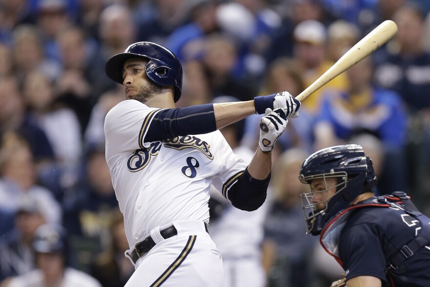 Ryan Braun of the Milwaukee Brewers singles in the bottom of the fourth inning against the Atlanta Braves during Opening Day.