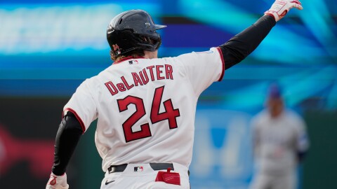 Cleveland Guardians' Chase DeLauter (24) celebrates his home run in the seventh inning of a baseball game against the Chicago Cubs in Cleveland, Friday, April 3, 2026. 