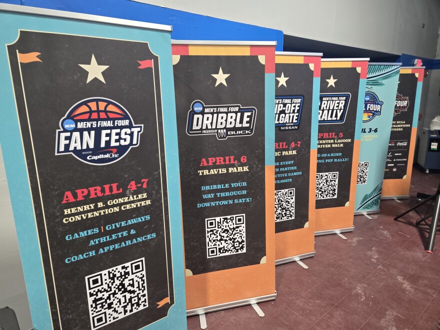 Signs displayed at NCAA Final Four news conference on Jan. 1, 2025 tout upcoming events associated with the games.