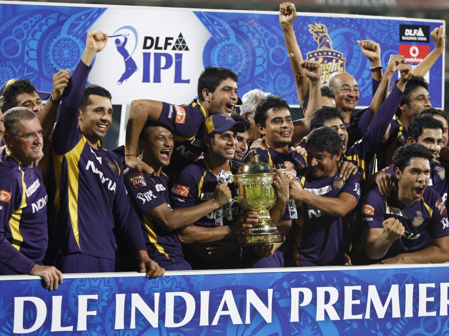 The Kolkata Knight Riders celebrate their win against the Chennai Super Kings in the Indian Premier League final in Chennai, India, on May 27, 2012. Citing security concerns, the IPL announced Tuesday that it won't feature Sri Lankan players in the city.