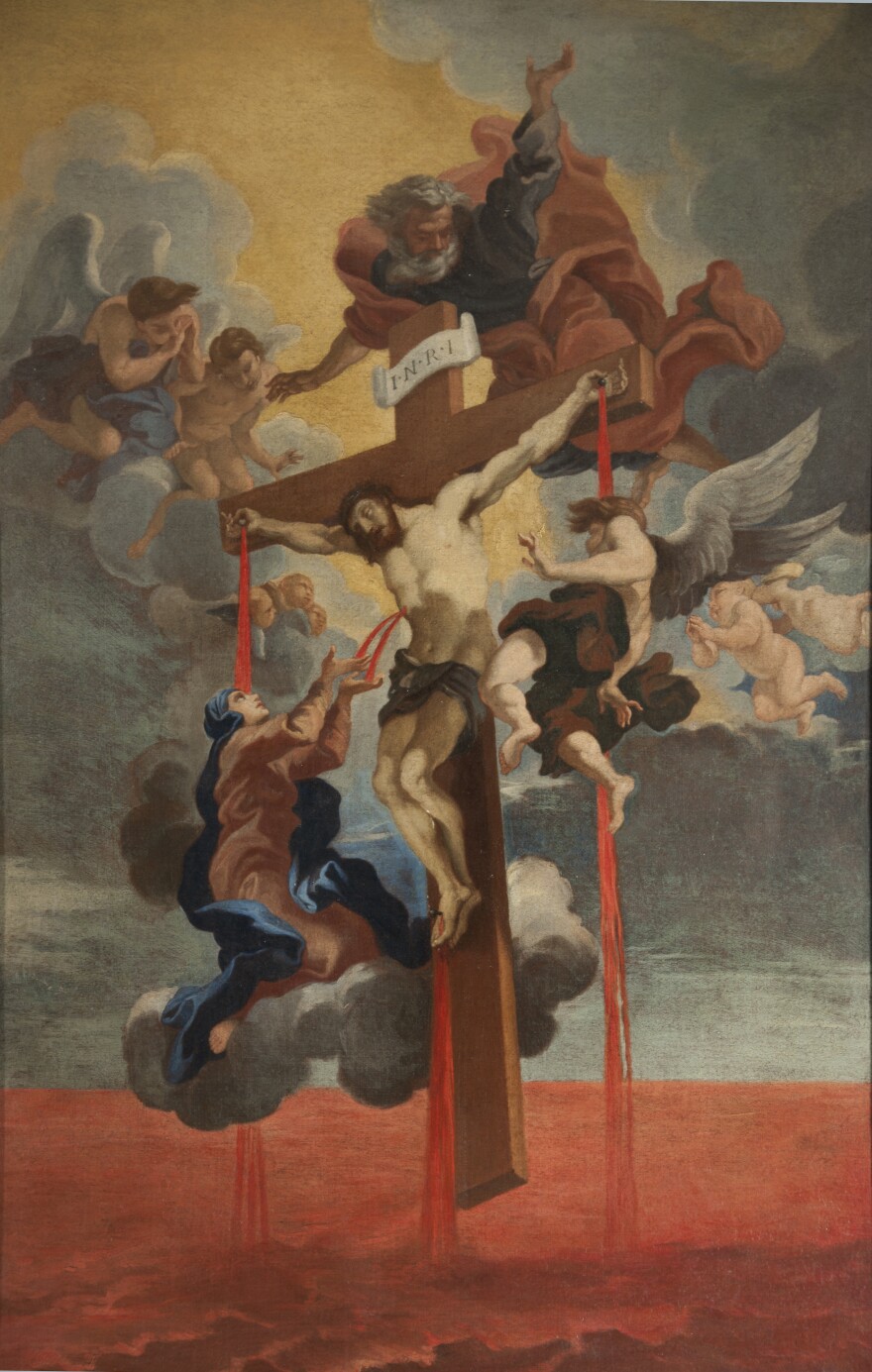 Paining of Christ on cross surrounded by holy figures