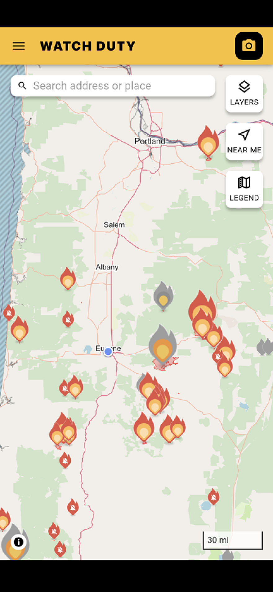 Screenshot shows active fires in western Oregon on August 28, 2023