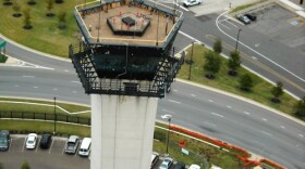 The roof of the old FAA tower at Memphis International Airport as seen from a catwalk near (but not at) the top of the new tower.