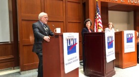 Green Party candidate Howie Hawkins and independent candidate and former Syracuse Mayor Stephanie Miner participate in the League of Women Voters' debate Thursday.