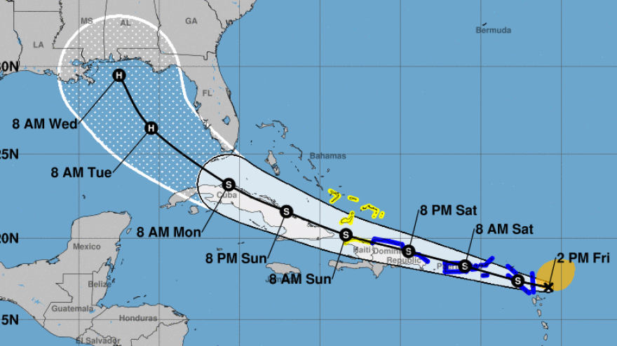 Tropical Storm Laura could become a hurricane early next week — around the same time another storm develops into a hurricane in the Gulf of Mexico. The system is forecast to bring rain and flooding to Caribbean islands on its way to the U.S. mainland.