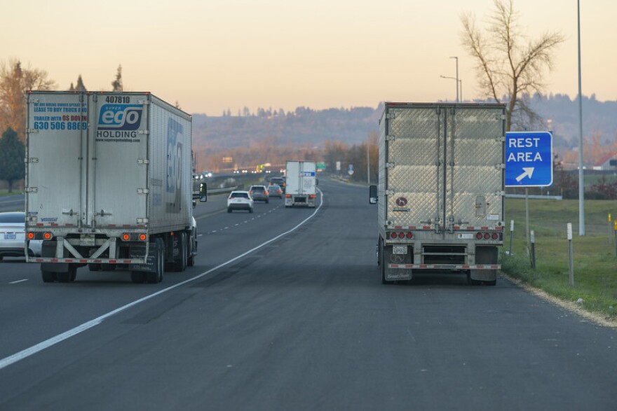 A truck stopped along Interstate-5 in Oregon.