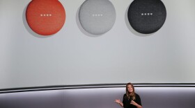 Isabelle Olsson, lead designer for home hardware for Google, Inc., introduces the new Google Home Mini at a product launch event, Oct. 4, 2017, at the SFJAZZ Center in San Francisco. (Elijah Nouvelage/AFP/Getty Images)