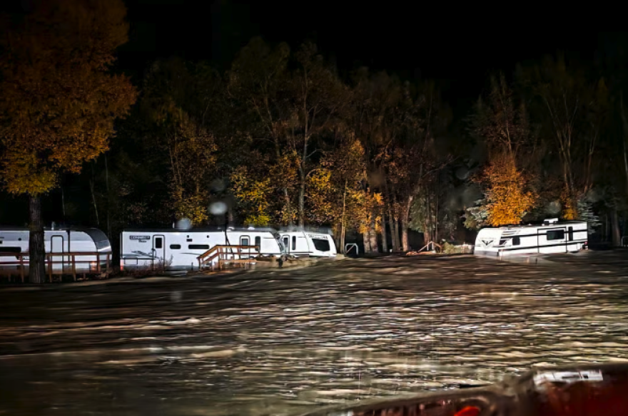 Floodwaters rise at the Fun Valley Family Resort near South Fork. Oct. 22, 2026.