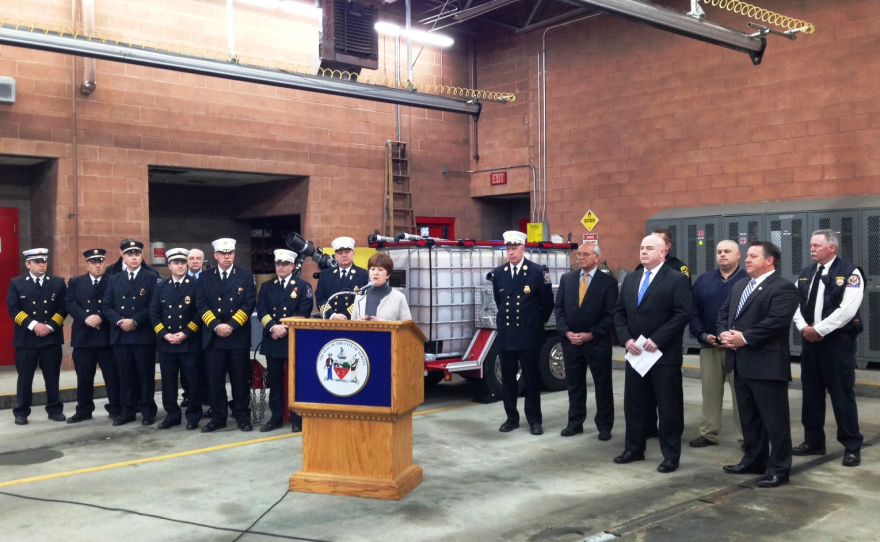  Government officials joined Mayor Kathy Sheehan in Albany Wednesday for the announcement that the city has received a foam trailer from the State Office of Fire Prevention and Control.