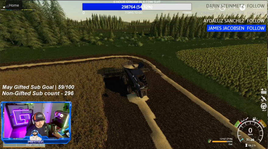 A screen shot from Harley Hand (inset) playing Farming Simulator. He has more than 40,000 followers on his Facebook gaming page.