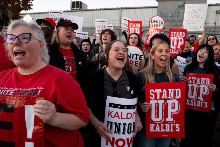 Kaldi’s Coffee workers and their supporters react while rallying on their efforts to unionize with Unite Here Local 74 outside the company’s offices and roasters on Wednesday, Nov. 5, 2025, in St. Louis’ Forest Park Southeast neighborhood.