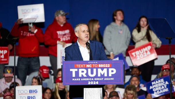 NC Republican party chair, Michael Whatley, speaks to the crowd at a Trump rally in Greensboro, NC on March 2, 2024.