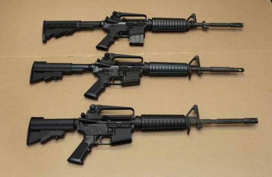 AR-15 assault rifles on display at the California Department of Justice in 2012.