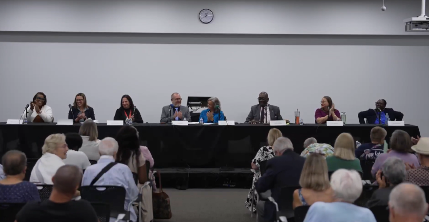July 9, 2026 Lee County School Board Candidate forum (from left) Carline Saintilus (district 5) , Jenn McDaigle (district 1), Debbie Jordan (incumbent district 4), John Davis (moderator), Amy Bennett Williams (moderator), Carl Baxter (district 4), India Palencia (district 6), and Crystal Johnson (district 5)