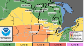 The entire state of Michigan, with the exception of northern Michigan and the Upper Peninsula, is shaded in yellow and orange, indicating a slight to enhanced risk of severe thunderstorms. A legend in the bottom right corner of the map explains the different risk levels used by the Storm Prediction Center. Slight risk is the second-lowest level,  described as “widespread, but few intense storms.” Enhanced risk is the third-lowest level described as "more persistent and/or widespread, a few intense storms". 

The text at the bottom of the image also describes the characteristics of storms from level 1 "marginal" to level 5 "high". 