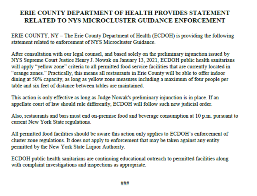 Restaurants In Erie County Orange Zone Can Offer Dine-in Judge Rules Wbfo