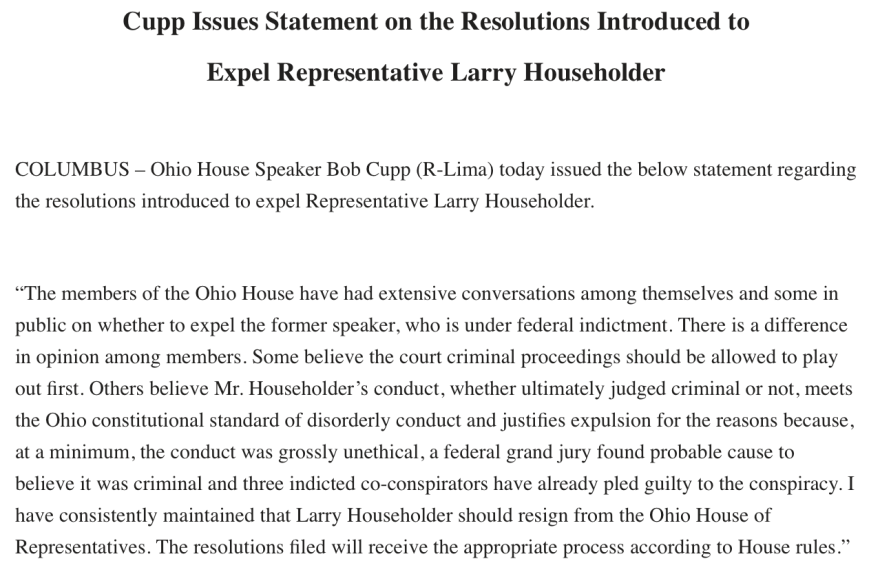 Statement from Ohio House Speaker Bob Cupp (R- Lima)