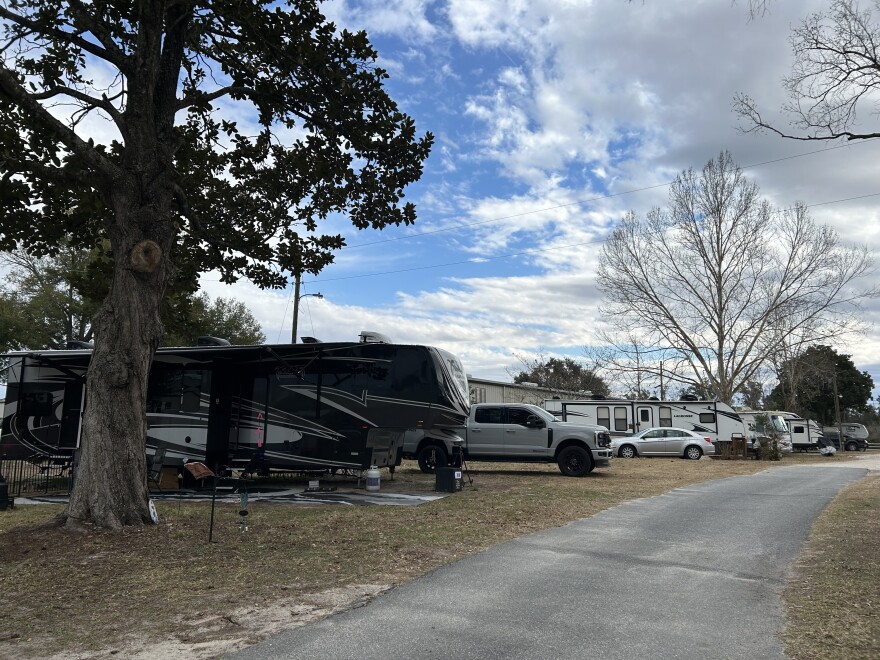 RVs lined up at Casey Jones campground. Many residents have built structures outside of their RVs which may delay construction