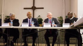 From left to right: Rev. Eugene Rivers, Indiana Attorney General Curtis Hill, U.S. Attorney General Jeff Sessions, Rev. Charles Harrison