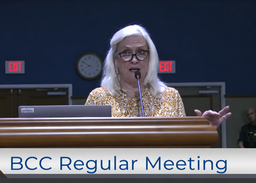 Escambia County resident Margaret Hofstetter asks commissioners to publicly discuss how they would prepare for potential revenue losses if voters approve Amendment 3 in November.
