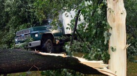 Broken trees lying across a truck in Elmira, N.Y., after Thursday's storm.