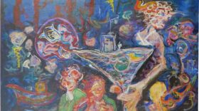A colorful, abstract painting of several people, one holding a large martini glass in the foreground