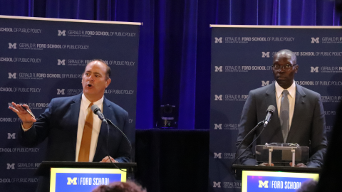Garlin Gilchrist and Anthony Forlini, candidates for Michigan Secretary of State, at a debate held in Ann Arbor