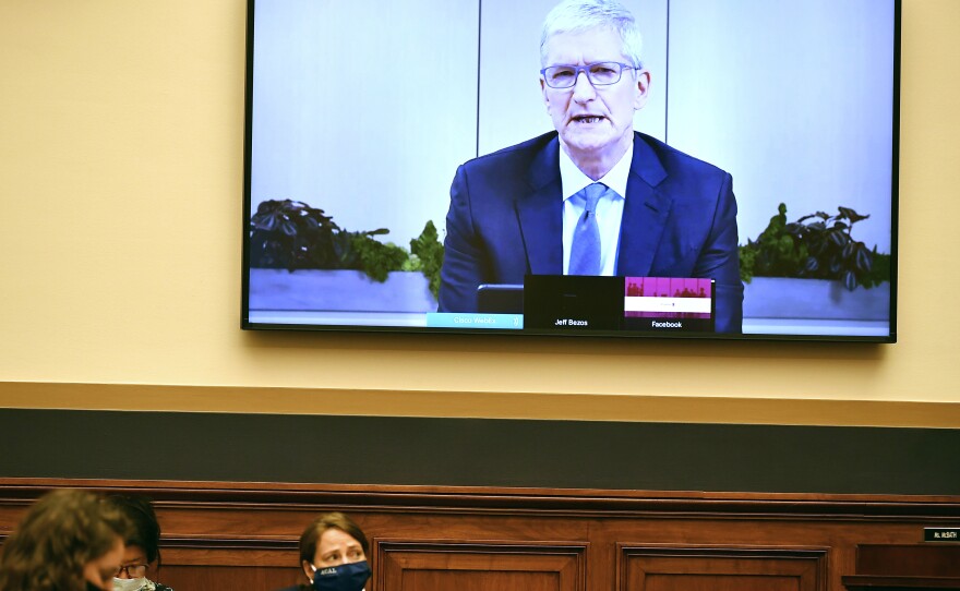 Apple CEO Tim Cook testifies remotely during a House Judiciary subcommittee on antitrust on Capitol Hill.