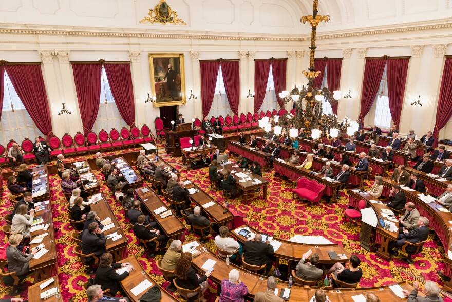 An aerial shot of the House floor on the opening day of the Vermont Legislature in 2019.