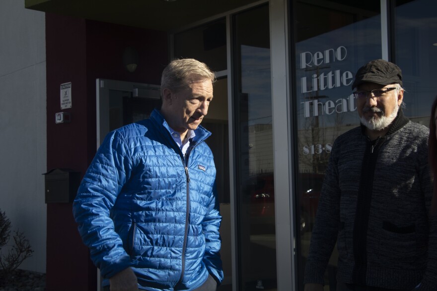 Tom Steyer leaves the Reno Little Theater.