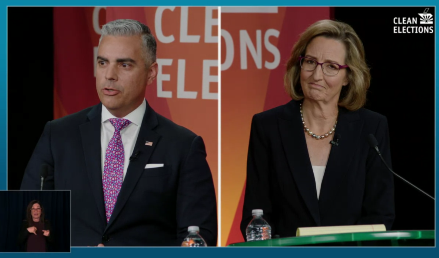Democrat Kirsten Engel and Republican Congressman Juan Ciscomani at an Arizona CD6 debate on Tuesday, Oct. 7, 2024.
