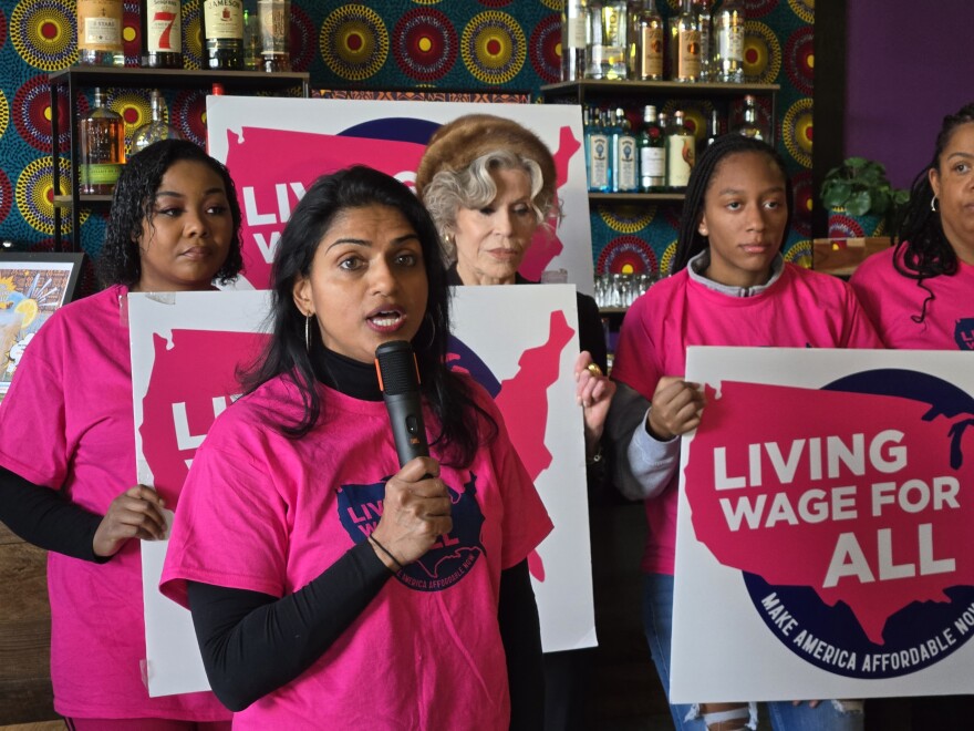 Saru Jayaraman with One Fair Wage is a leader in the effort to bring Michigan's minimum wage for tipped workers up to the same level as all other workers. She speaks at a southeast Michigan rally on January 9, 2026.