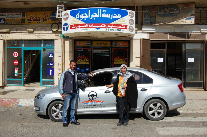 Mohammad al-Hattab (left) and Samira Syam both teach driving at the al-Jarajwa school in Gaza City. Hattab was stopped by Hamas police, and his permit to teach temporarily revoked, for driving alone with a female student. Syam says nobody bothers her if she has a male student alone.