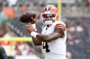 Cleveland Browns quarterback Deshaun Watson (4) warms up prior to the start of an NFL preseason football game against the Buffalo Bills in Cleveland, Saturday, Aug. 22, 2026.