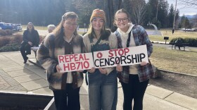A small group of protesters gathered outside Gov. Brad Little's press tour stop at the Coeur d'Alene public library.
