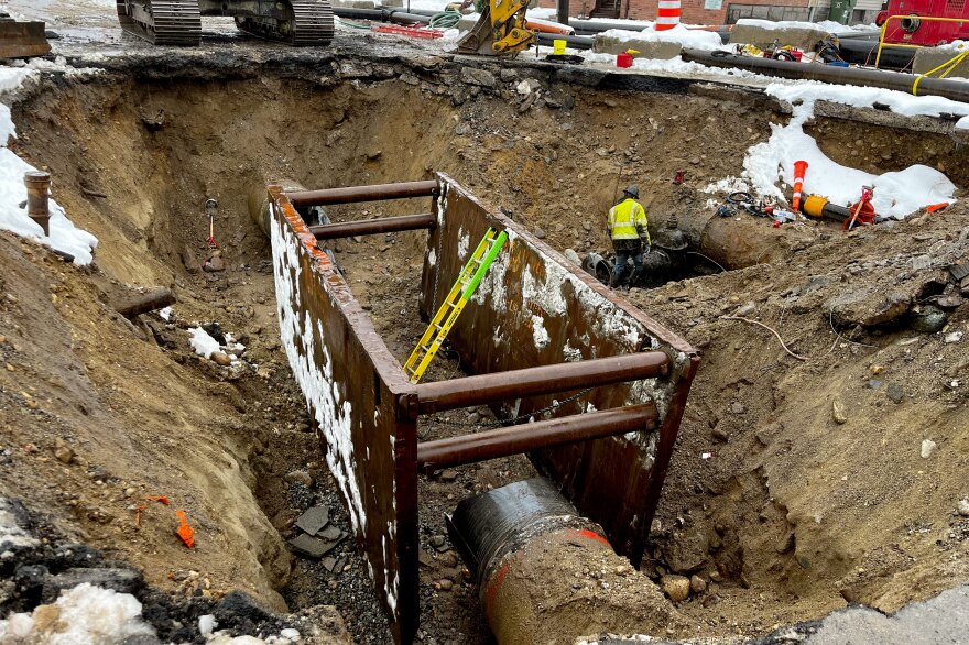 A water main on Thomaston Avenue in Waterbury currently under repair following a break earlier this month.